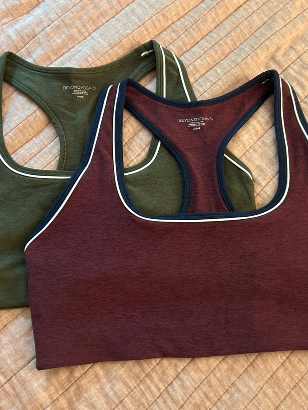 Beyond Yoga Contrast-Trim Racerback Sports Bra Bundle in Olive & Burgundy
